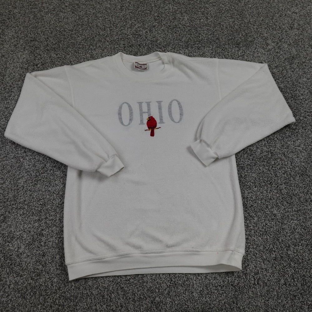 VTG Ohio Sweater Mens‎ M White OH Cardinal Bird Pullover Crewneck Sweatshirt USA